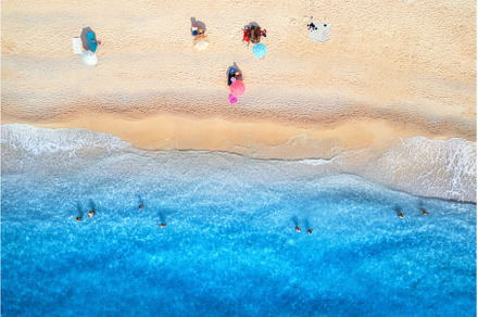 Aerial view of blue sea, sandy beach, a Nature Photo by den-belitsky