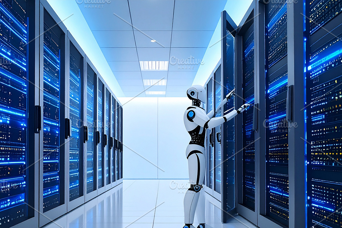 Humanoid robot checking sleek server room, a Technology Illustration by DanFLCreativo
