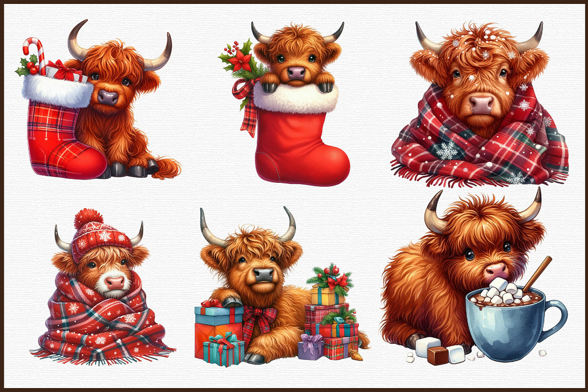 Christmas Highland Cow Clipart Bundl, an Illustration by Sublimation Artist (Photo 3 of 6)