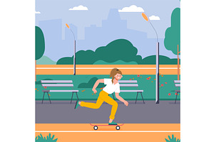 Girl on skate in city park. Summer, a Sport Illustration by LadadikArt