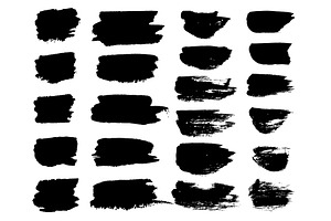 Vector Black Paint Brush Spots, Highlighter Lines Or Felt-tip Pen Marker Horizontal Blobs. Marker Pen Or Brushstrokes And Dashes. Ink Smudge Abstract 