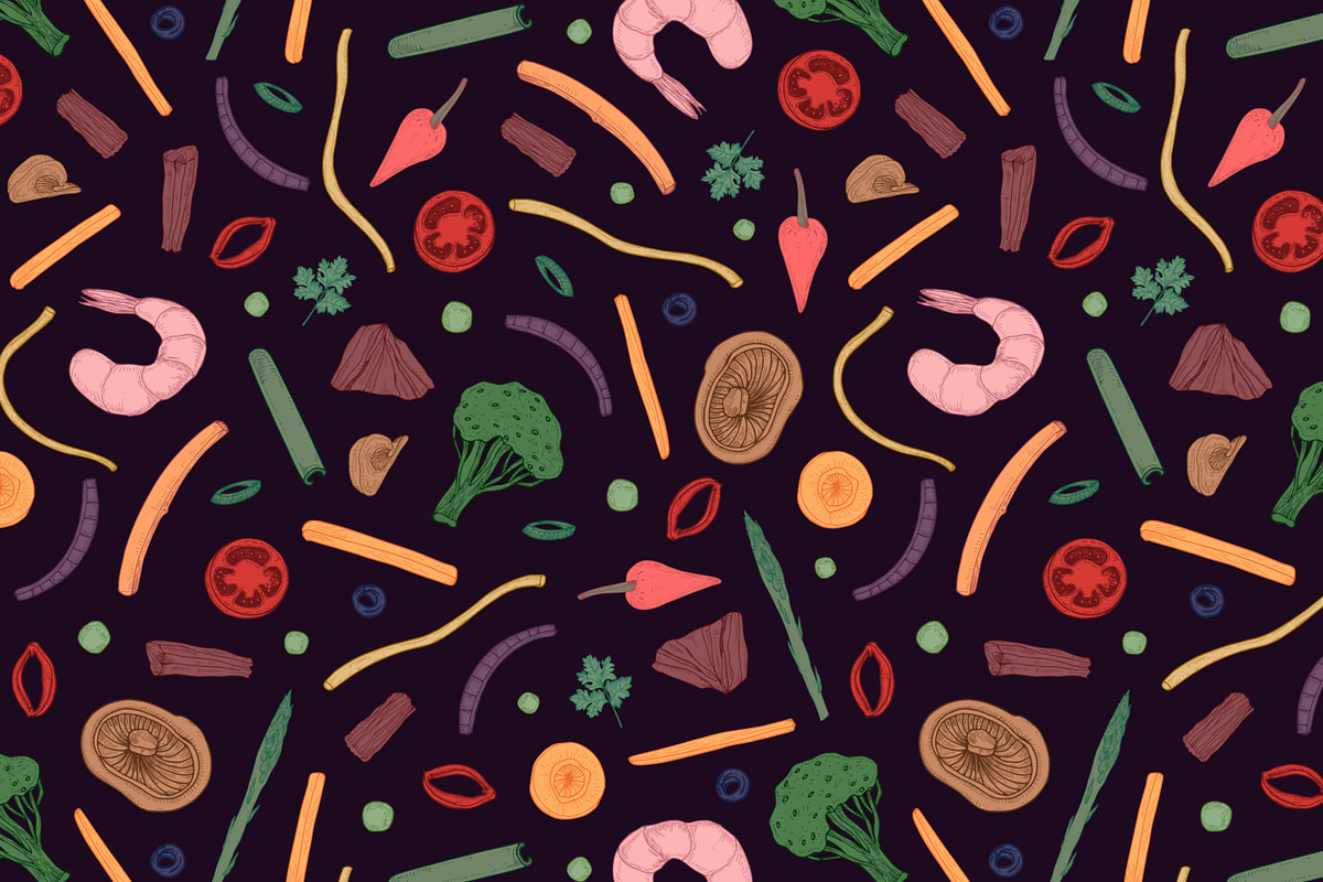 Wok food cards, seamless patterns, a Food Illustration by Good Studio (Photo 4 of 13)