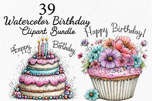 Watercolor Birthday Clipart Bundle, a Seasonal Illustration by Canvas Craft