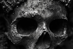 A close-up of a skull with a crown-like structure on top, covered in dark, text, a Person Photo by Textures & Backgrounds