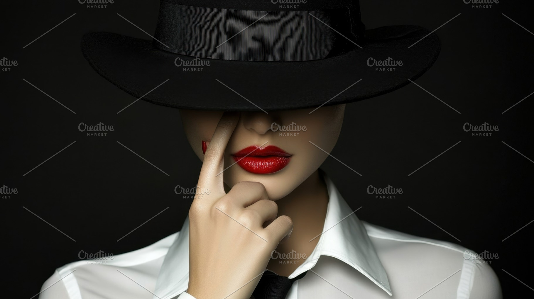 Chic woman with a hat  red lips, a Photo by Beautiful things