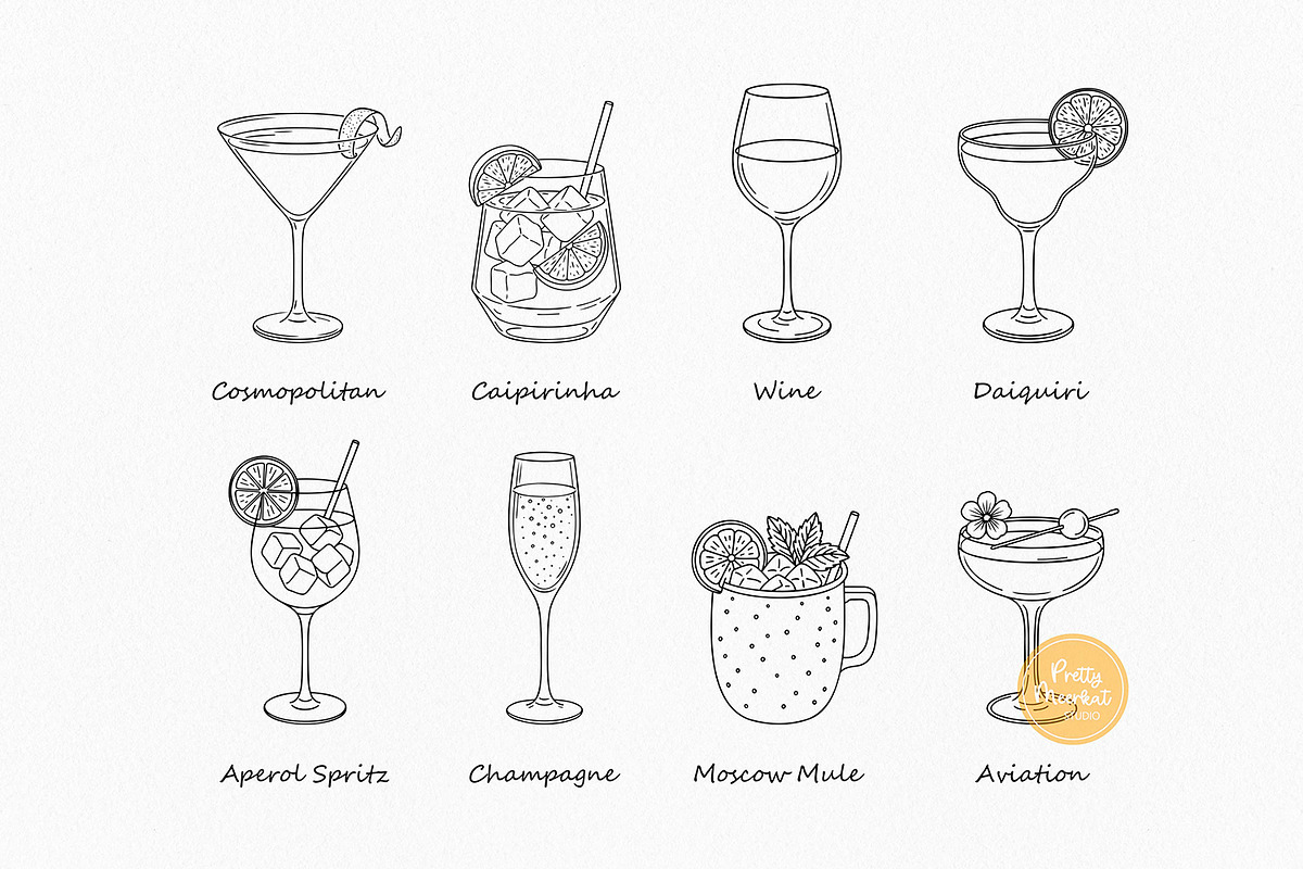 Cocktail Bundle, Line Art Clipart, a Food Illustration by Pretty Meerkat (Photo 4 of 8)