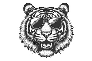 Cool Tiger in Sunglasses engraving, an Animal Illustration by AlexArt