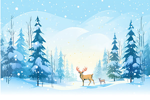 Snow-covered Pine Trees With A Deer