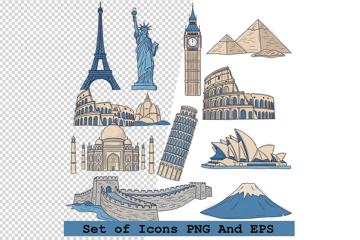 Set of  landmark icons in hand drawn, an Icon by one-touch