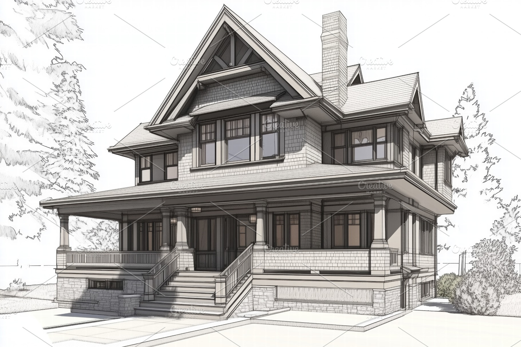 A detailed architectural sketch of a large, two-story Craftsman house featuring, an Architecture Photo by Textures & Backgrounds