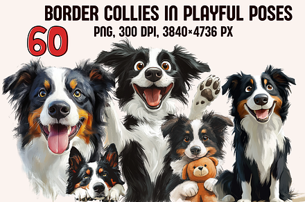 Border Collies in Playful Poses, an Animal Illustration by PrintHaven Designs