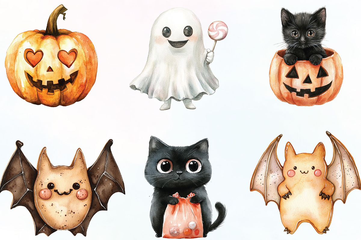 Watercolor Cute Spooky Clipart, an Illustration by CraftArtStudio (Photo 2 of 6)
