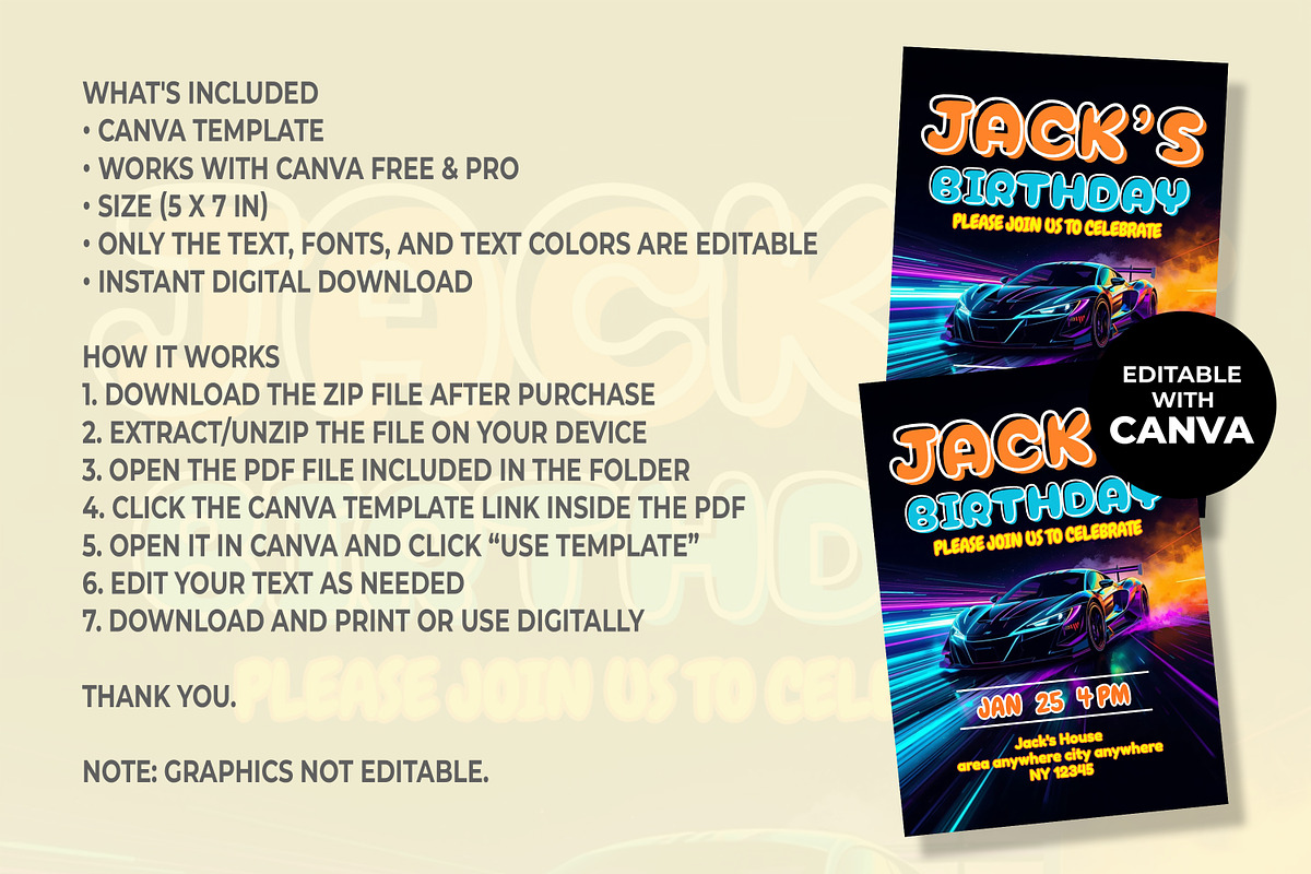 Race Car Canva Birthday Invitation, an Invitation Template by M9 Design (Photo 4 of 4)