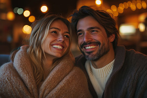 A joyful couple smiles warmly at each other, wrapped in cozy blankets, creating, a Person Photo by ImageMir