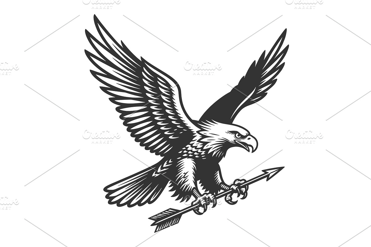 Flying Eagle Holding Arrow engraving, an Animal Illustration by AlexArt