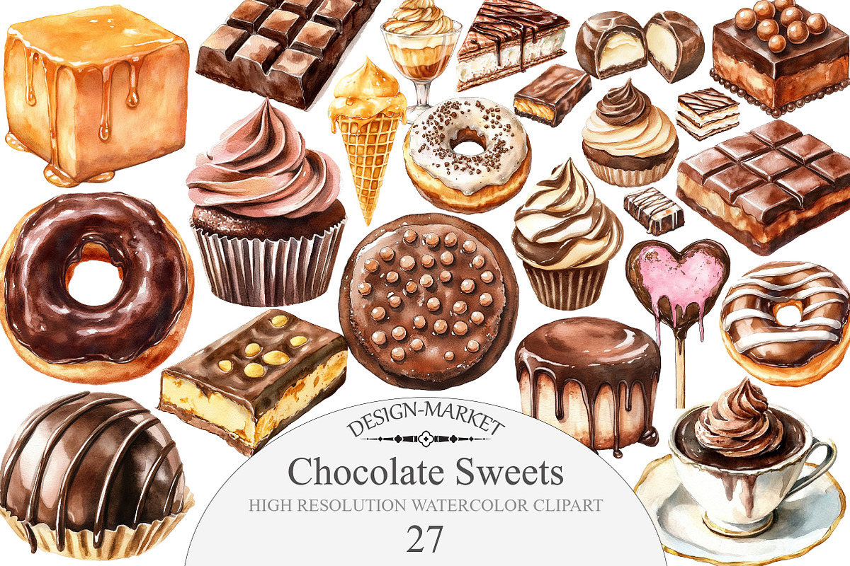 Watercolor Chocolate Sweets Clipart, an Illustration by Design Market (Photo 1 of 4)