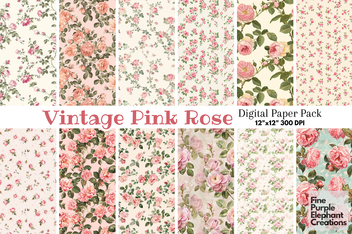 Vintage Pink Roses Flowers Floral, a Pattern Graphic by Fine Purple Elephant (Photo 1 of 5)