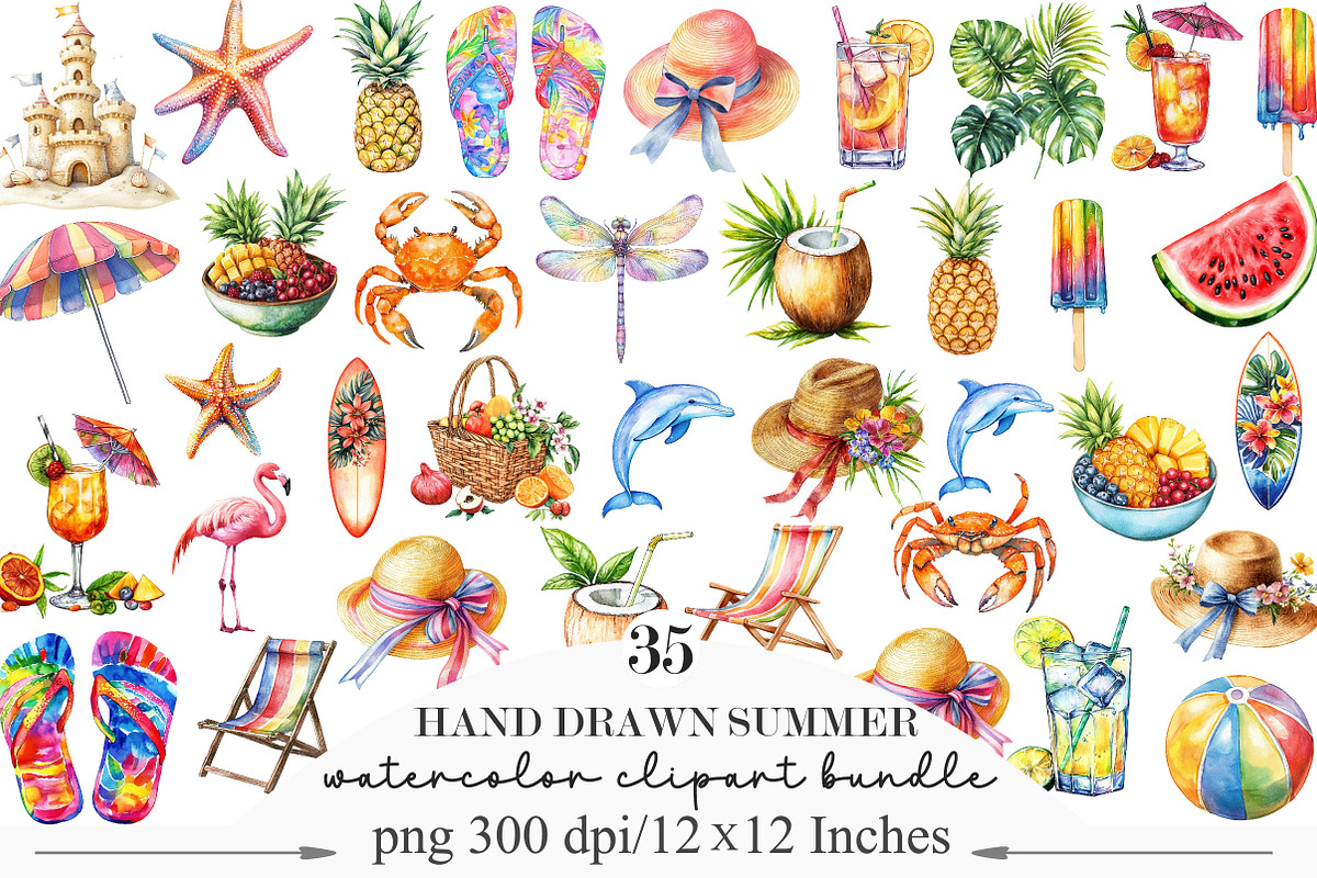 Hand Drawn Watercolor Summer Clipart, an Illustration by Designking (Photo 1 of 5)
