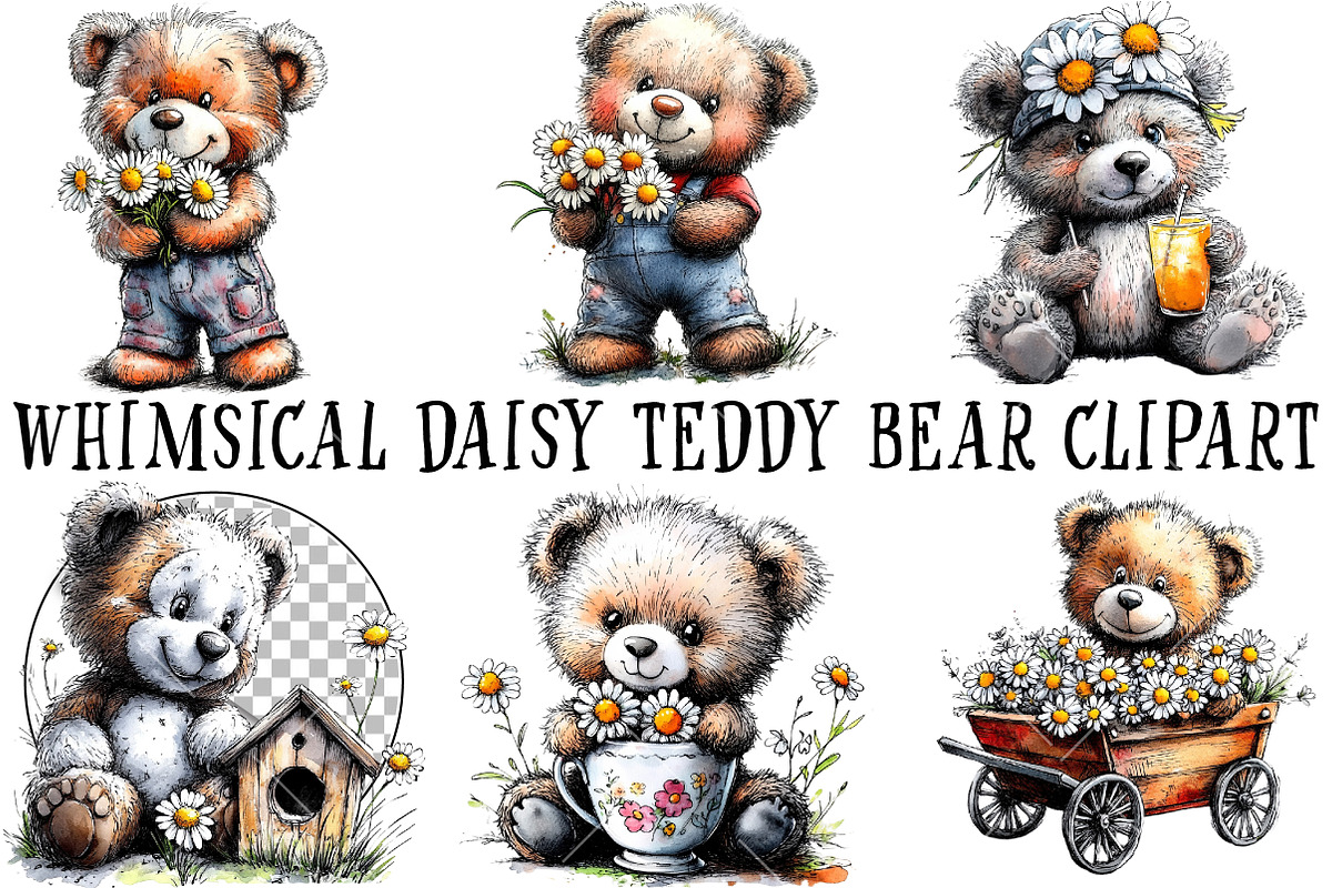 Watercolor Daisy Teddy Bear Clipart, a Seasonal Illustration by OK Design (Photo 2 of 6)