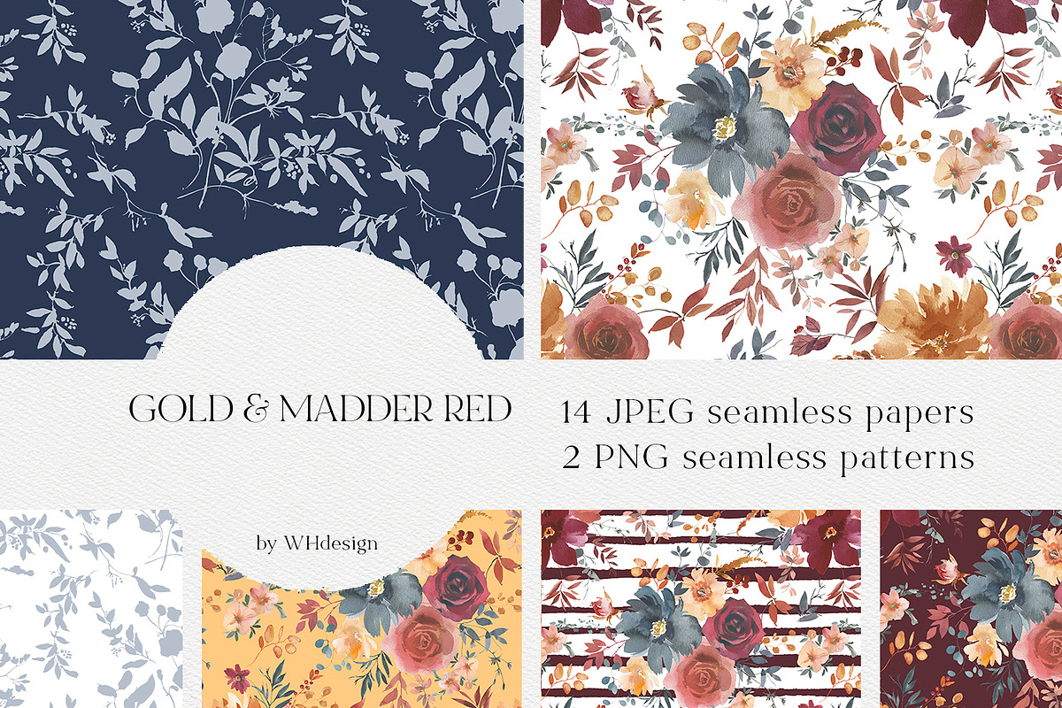 Gold & Madder Red Watercolor Flowers, an Illustration by whiteheartdesign (Photo 6 of 9)