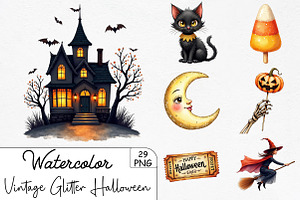 Vintage Glitter Halloween Clipart, an Illustration by CrexoraLab