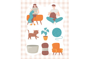 woman and man knitting, a Person Illustration by studiogstock