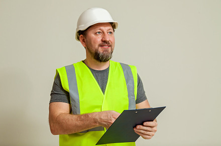 worker in a vest and white helmet, a Person Photo by Photostock
