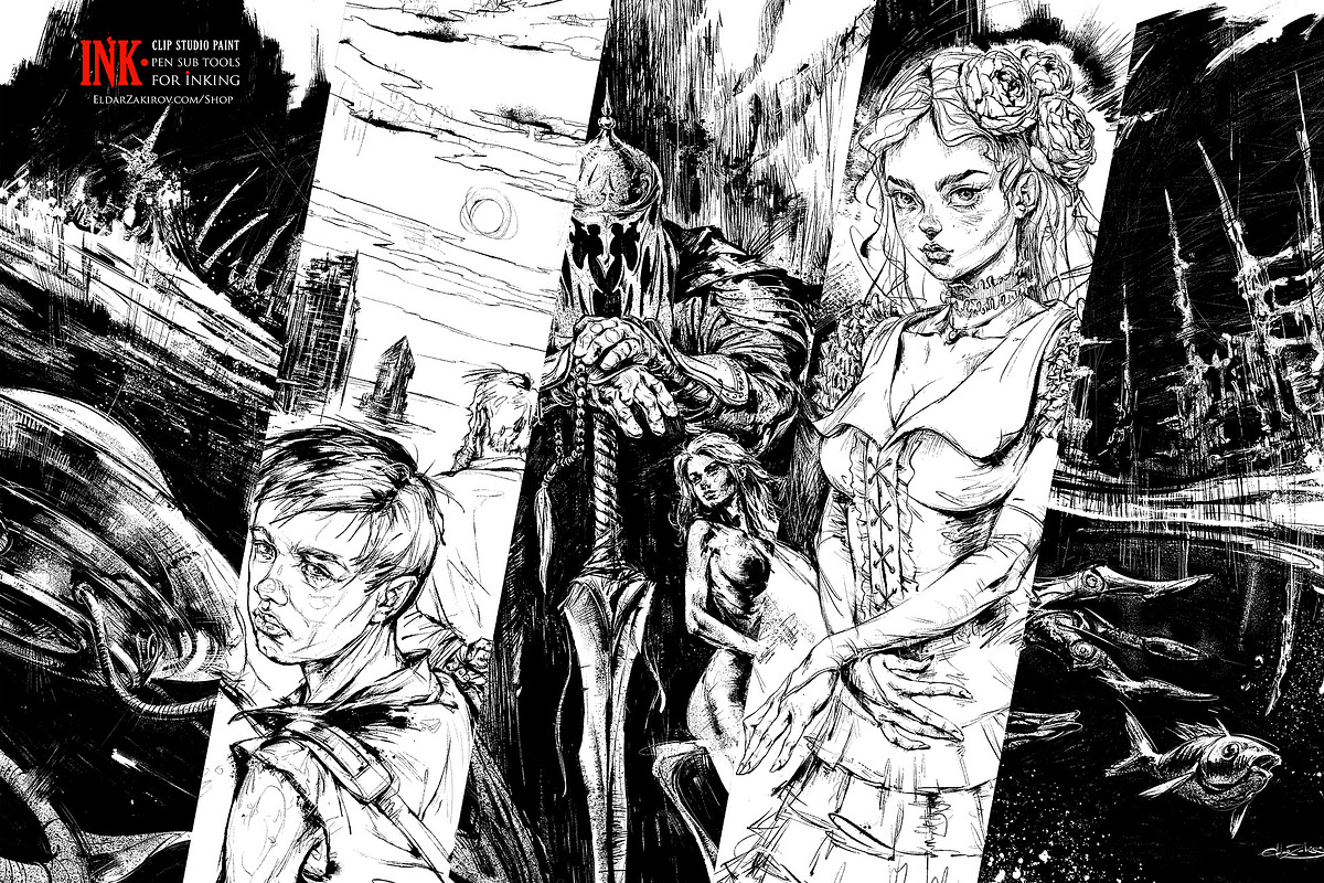 INK. 41+ Clip Studio inking brushes, a Brush Add-On by Eldar Zakirov's (Photo 5 of 17)