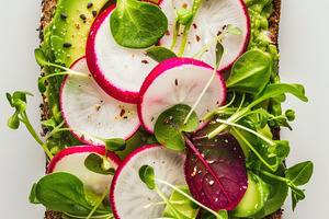A vibrant open sandwich with radishe, a Photo by LOGOCREATIVE
