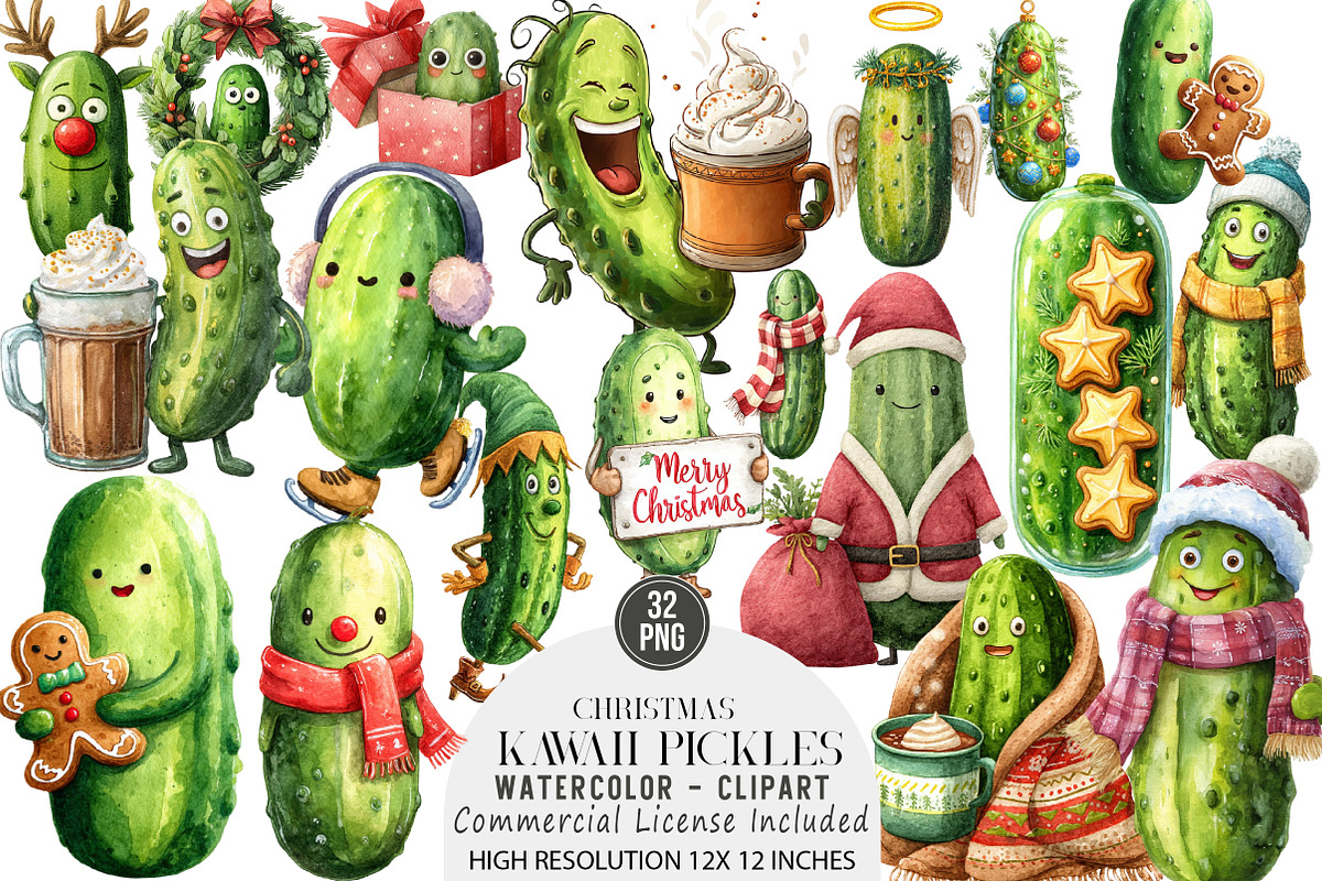 Christmas Kawaii Pickles Clipart, an Illustration by DreamArtGraphic (Photo 1 of 4)