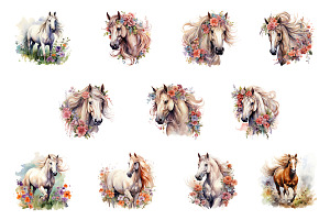 Watercolor Flower Horses Clipart