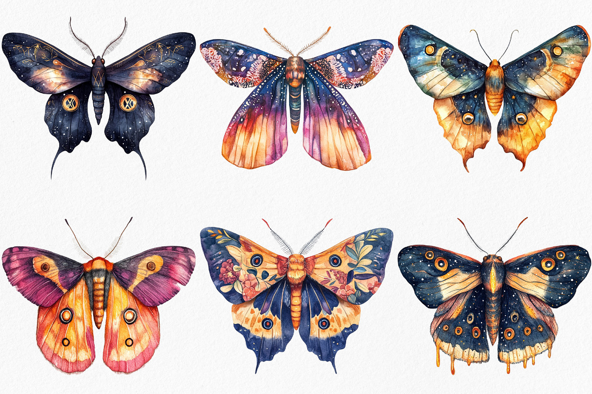 Watercolor Night Moths Clipart, an Illustration by Canvas Craft (Photo 3 of 8)