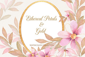 Pink Watercolor Flowers & Gold, a Decorative Illustration by Gribanessa