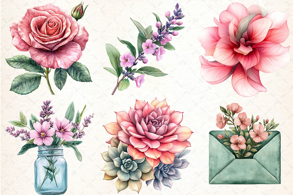 Sage Green Pink Flowers Clipart, an Illustration by DreamCafeArt (Photo 4 of 7)