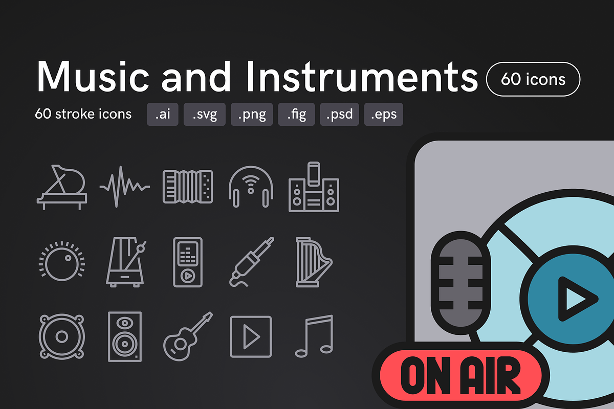 Music and Instruments Icons, an Outline Icon by Middltone (Photo 1 of 5)