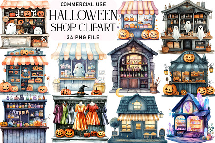 Watercolor Halloween Shop Clipart