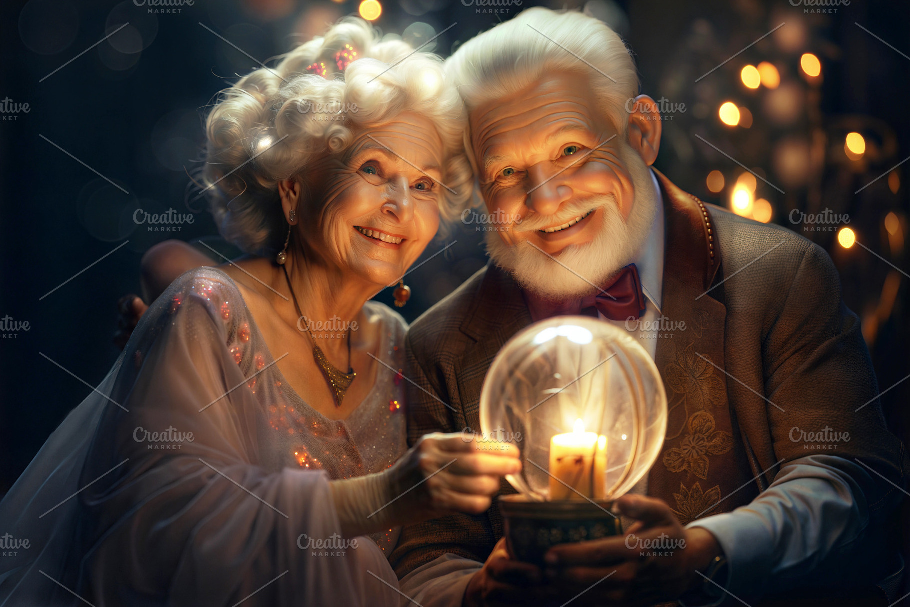 Elderly couple holding a glowing candle in a glass orb, smiling warmly., a Person Photo by ImageMir