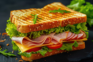 Toast sandwich with cheese, turkey ham, tomato and fresh lettuce, a Food & Drink Photo by AlyaAnd