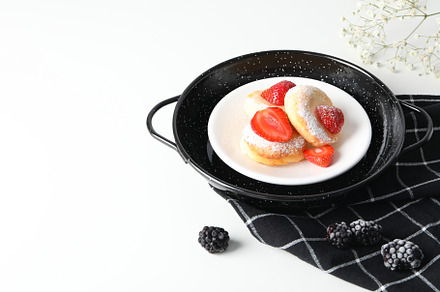 Concept of tasty sweet food, cheese pancakes, space for text, a Food & Drink Photo by AtlasStudio PRO