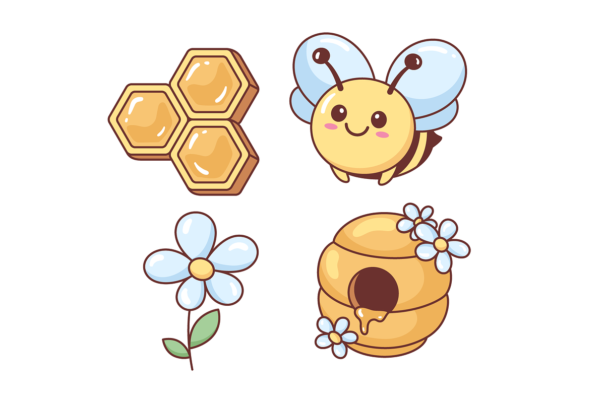 Bee, flower, honeycomb and beehive, an Illustration by Cmeree