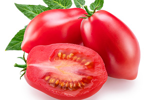 Pink tomatoes with leaves, a Food & Drink Photo by Volff