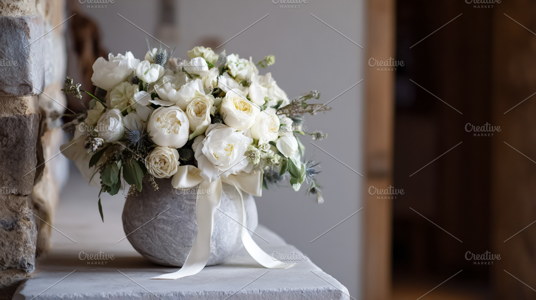 Elegant white roses bouquet with various flowers and thistles in, a Photo by Studio ANNA