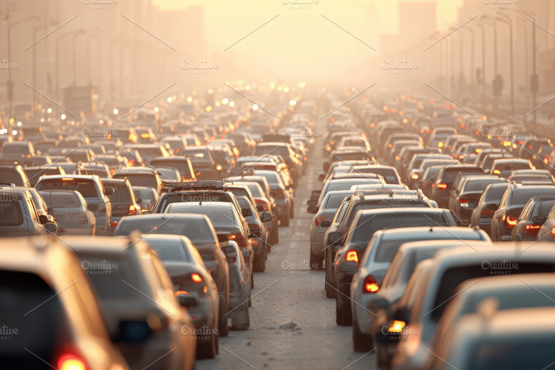 Congested traffic jam at sunset, a Transportation Photo by AlyaAnd