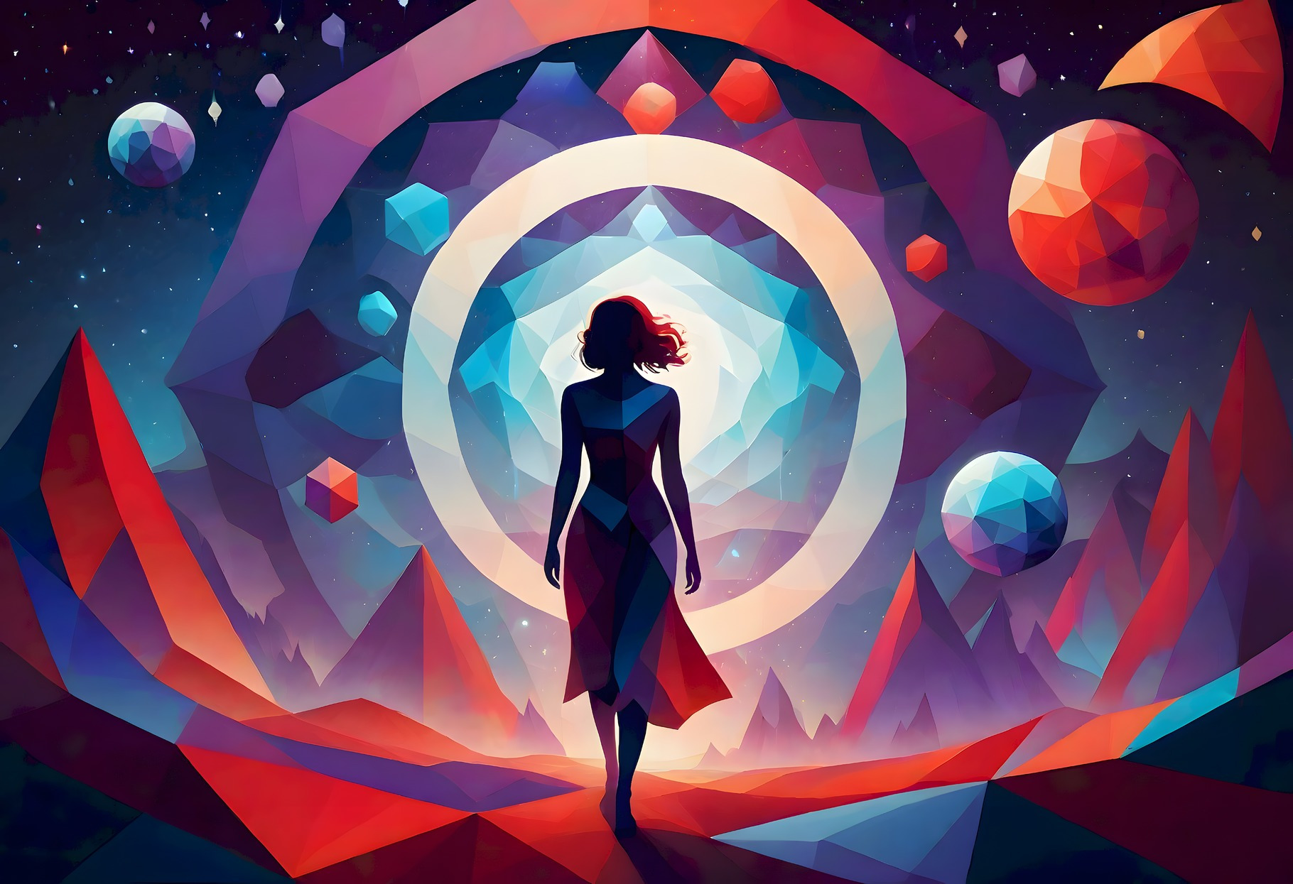Surreal woman with flowing hair standing before a cosmic portal of ...