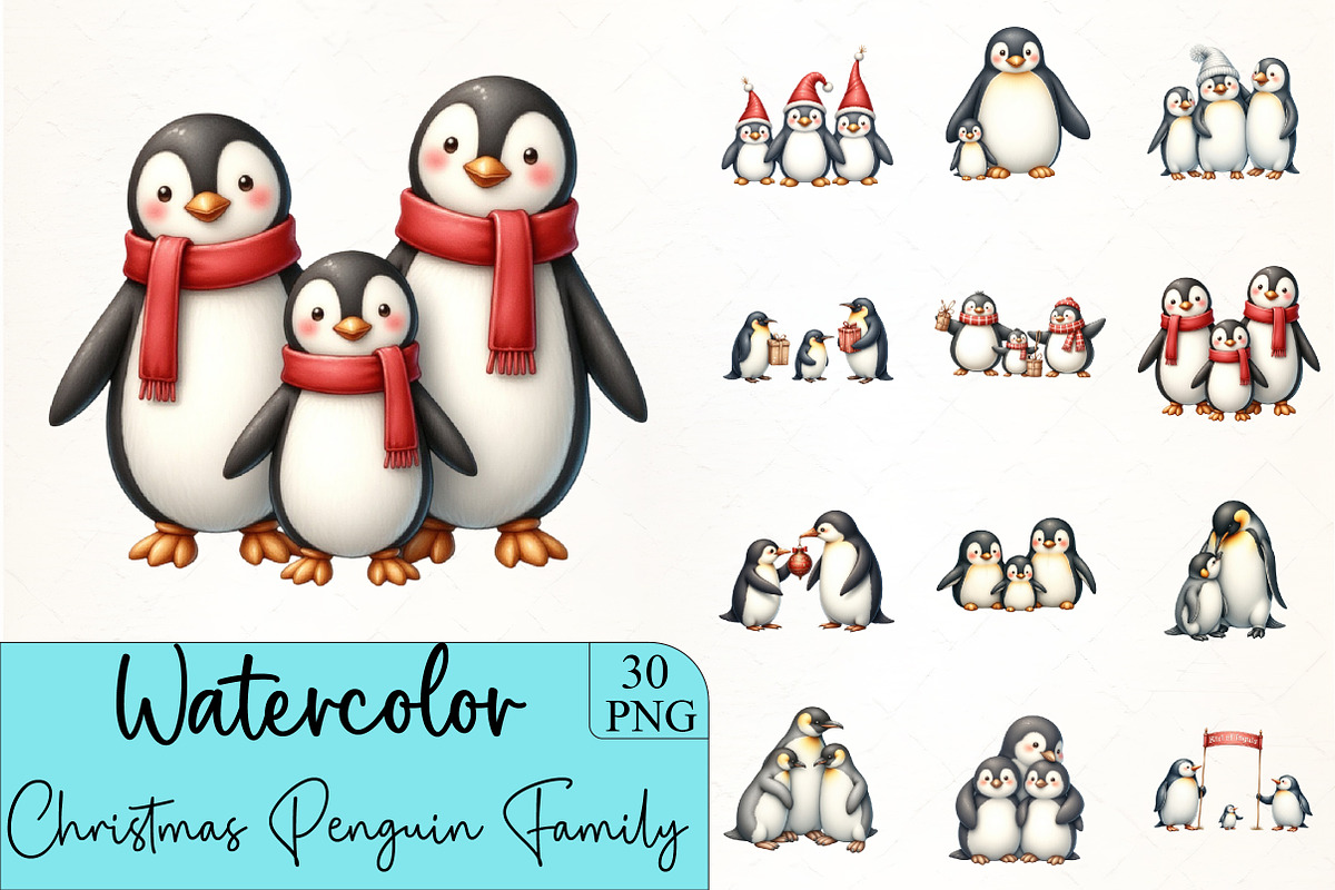 Christmas Penguin Family Clipart, an Illustration by CrexoraLab (Photo 1 of 5)