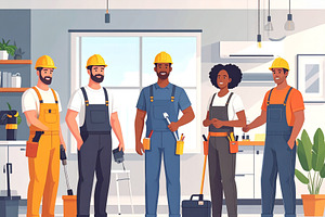 Diverse service technicians posing in a clean, modern home, a Person Illustration by DanFLCreativo