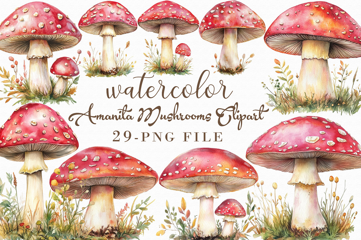Watercolor Amanita Mushrooms Clipart, an Illustration by Libby Wishes (Photo 1 of 6)