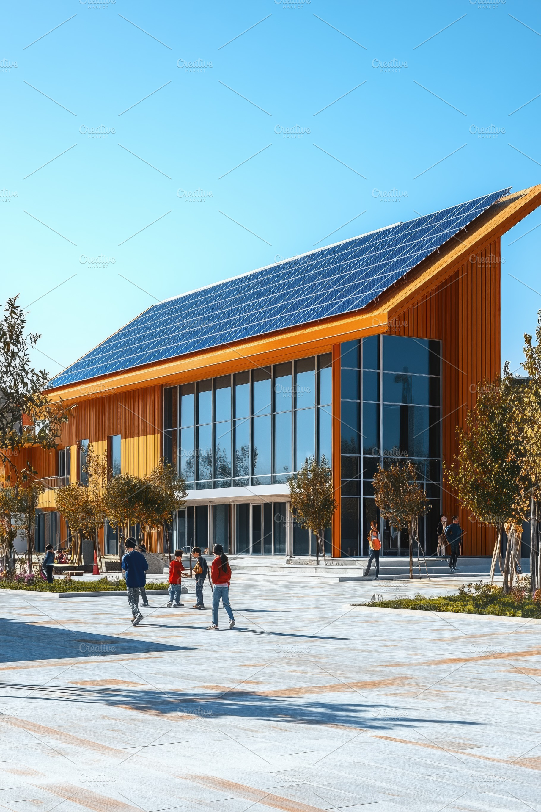 Modern building with solar panels on the roof, surrounded by trees and people w, a Transportation Photo by Textures & Backgrounds