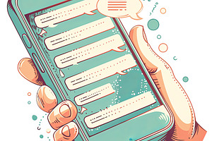 Illustration of a hand holding smartphone with text messages on the screen, a Photo by AS photostudio