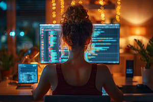A young woman with curly hair immersed in coding in a cozy, illuminated workspa, a Person Photo by ImageMir